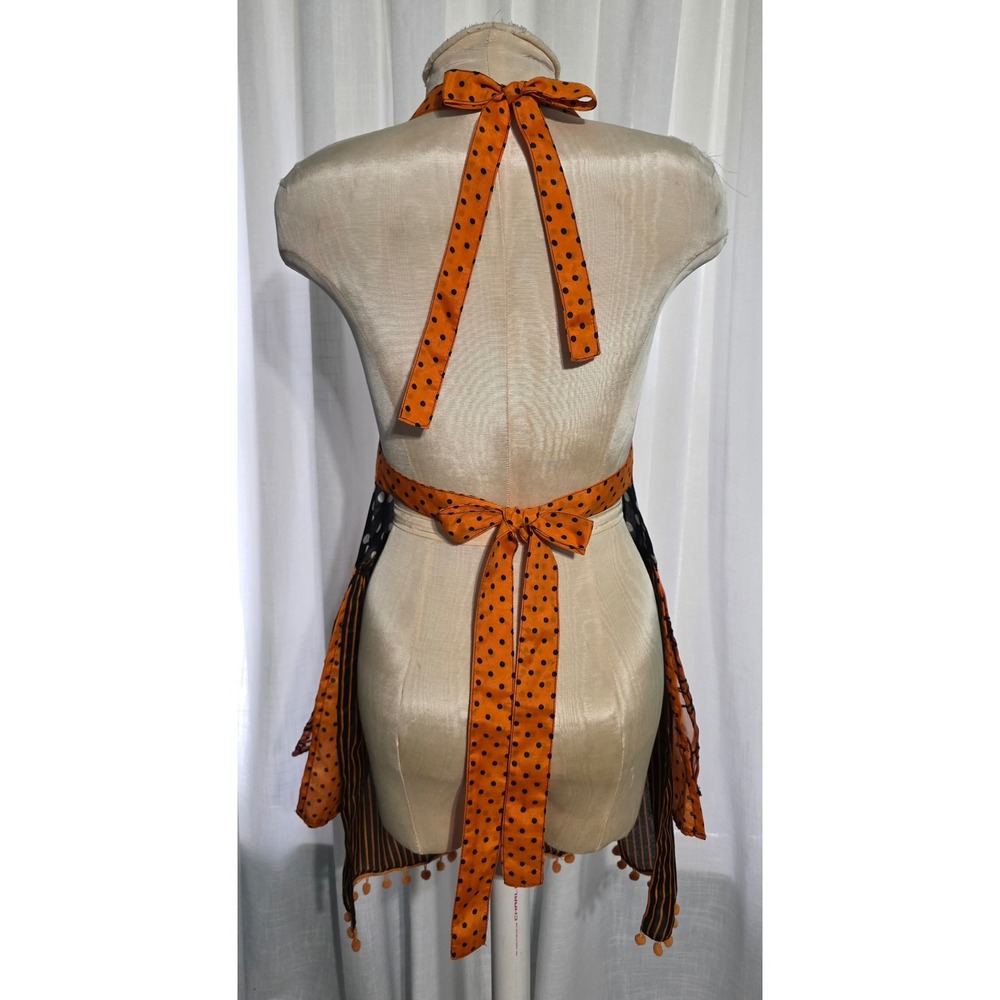 Pier 1 Halloween Polka Dot Spider Web Ruffle Apron Orange Black Pom Pom Trim - Picture 3 of 5